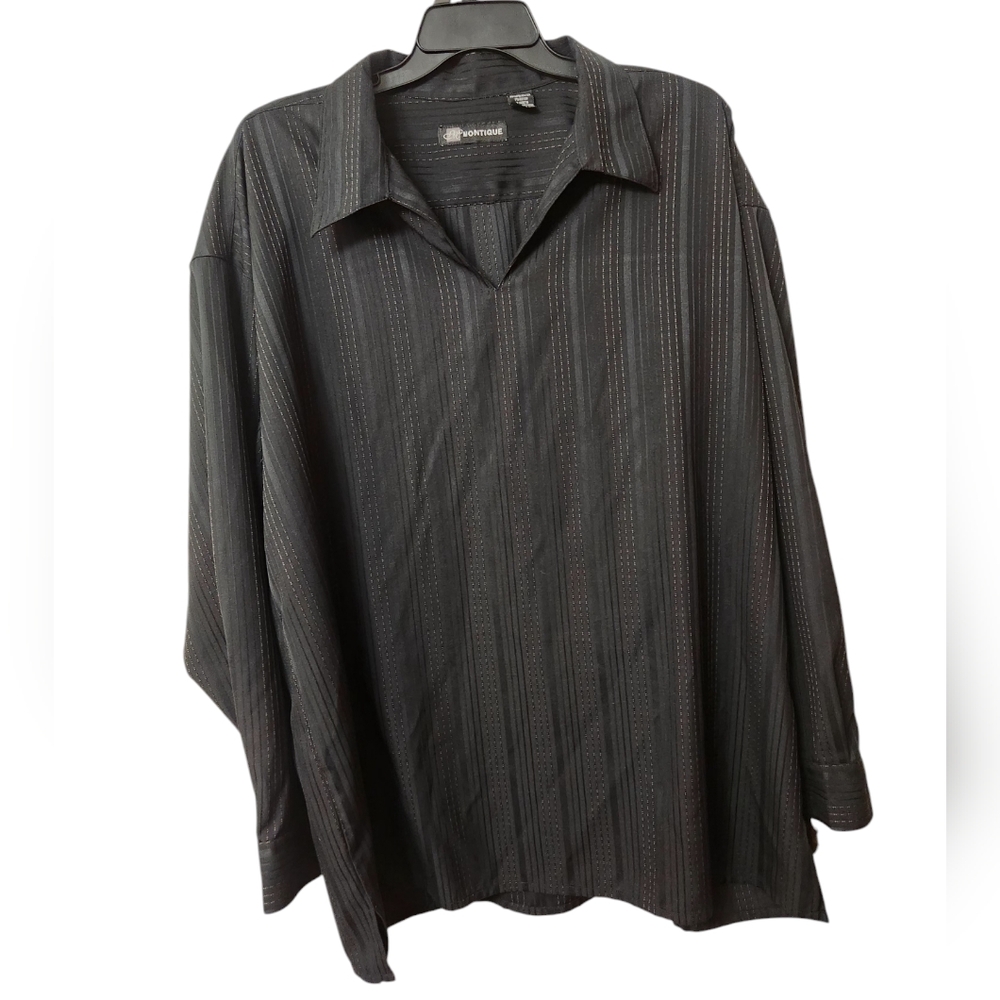 Montique Vintage Black with Brown Pinstripes V-neck Long Sleeve Pullover Shirt